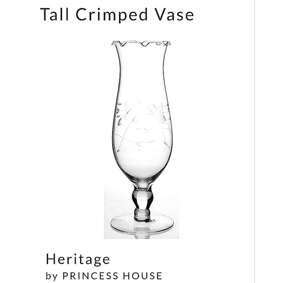 10" Heritage Crimped Tall Etched Blown Crystal Vase by Princess House - Picture 3 of 6